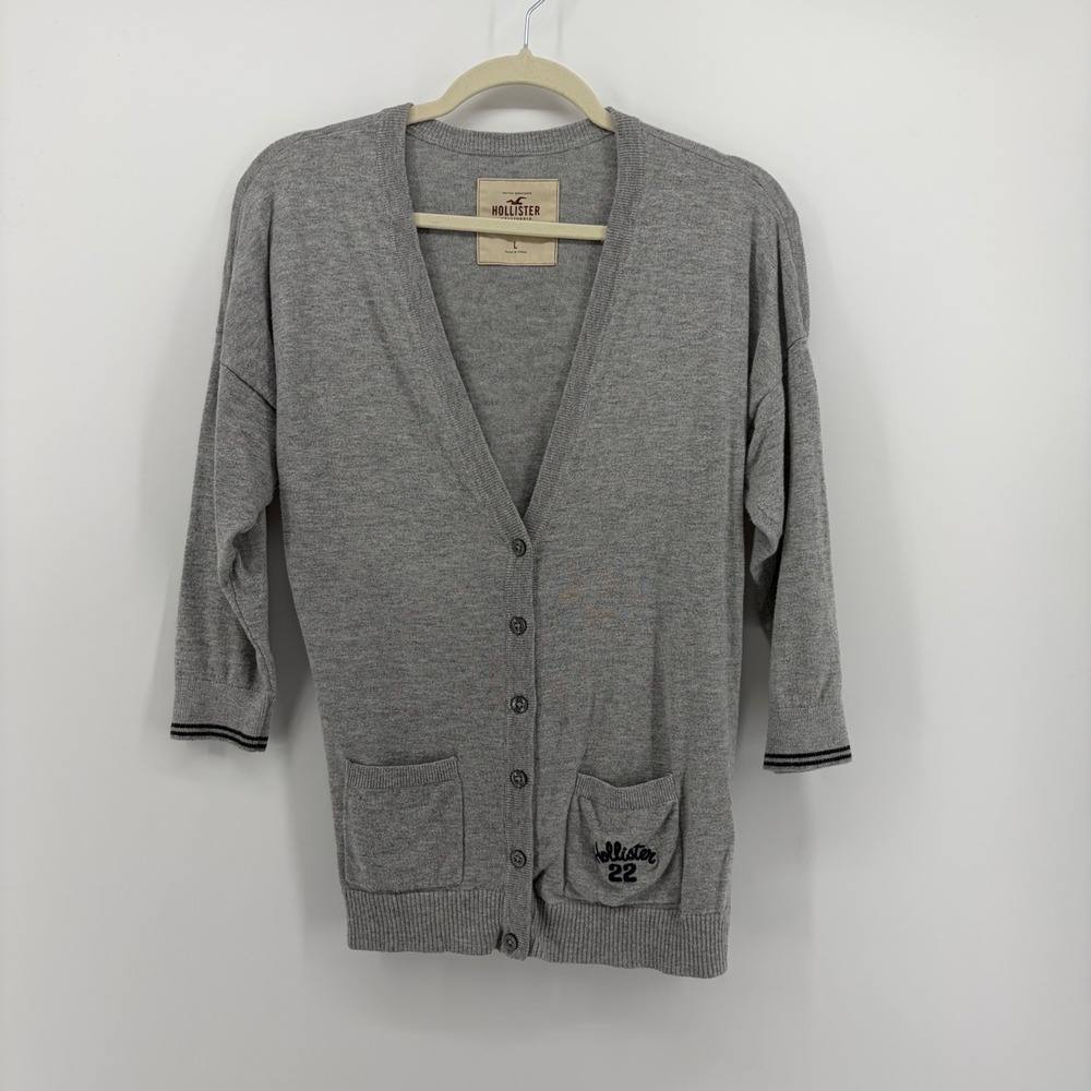 Hollister Womens Large Gray Cardigan 3/4 Sleeve V-Neck Button Front Pocket